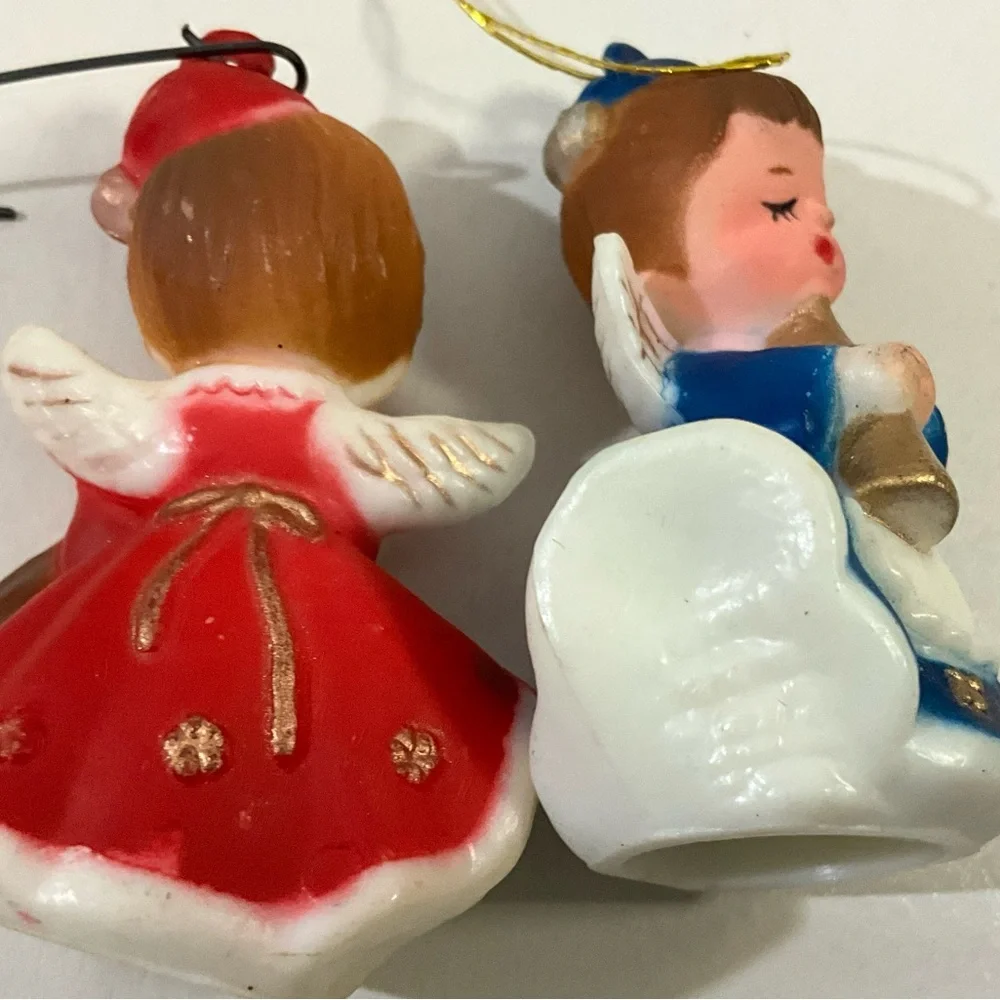 Vintage Lot of 2 MCM Plastic Christmas Angels Red and Blue